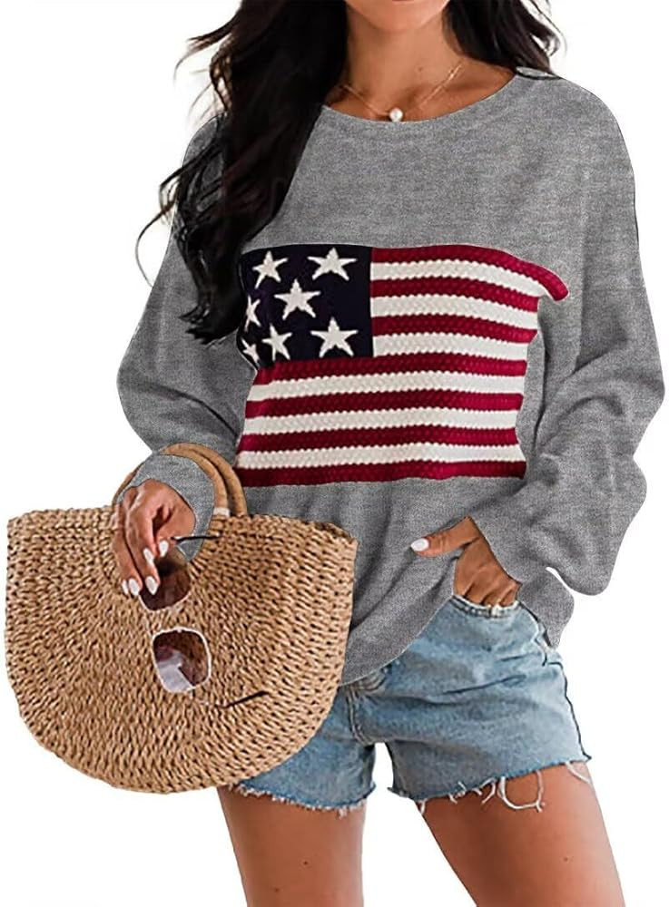 Dressmine Womens American Flag Sweater Knit Long Sleeve Crew Neck Graphic Elegant Soft Loose Pull... | Amazon (US)