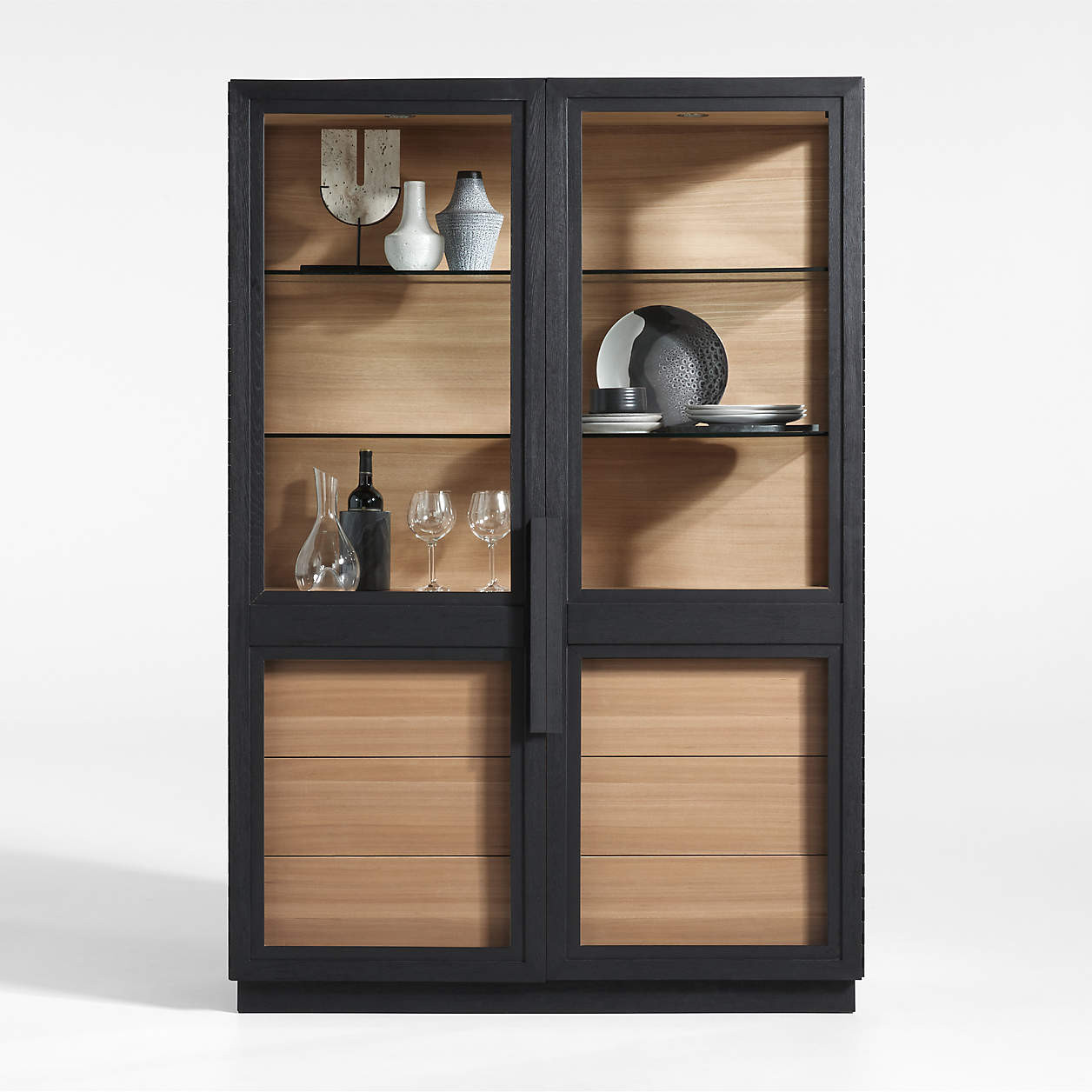 Calypso 54" Two-Toned Black Elm Wood and Glass Lighted Storage Cabinet + Reviews | Crate & Barrel | Crate & Barrel