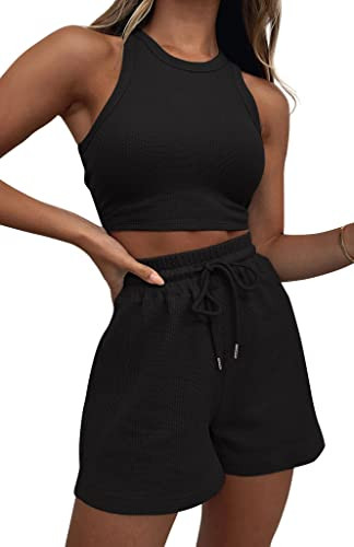 KDF Two Piece Lounge Sets for Women, Sleeveless Crop Top and Shorts Outfits for Women Sweatsuits Black | Amazon (US)