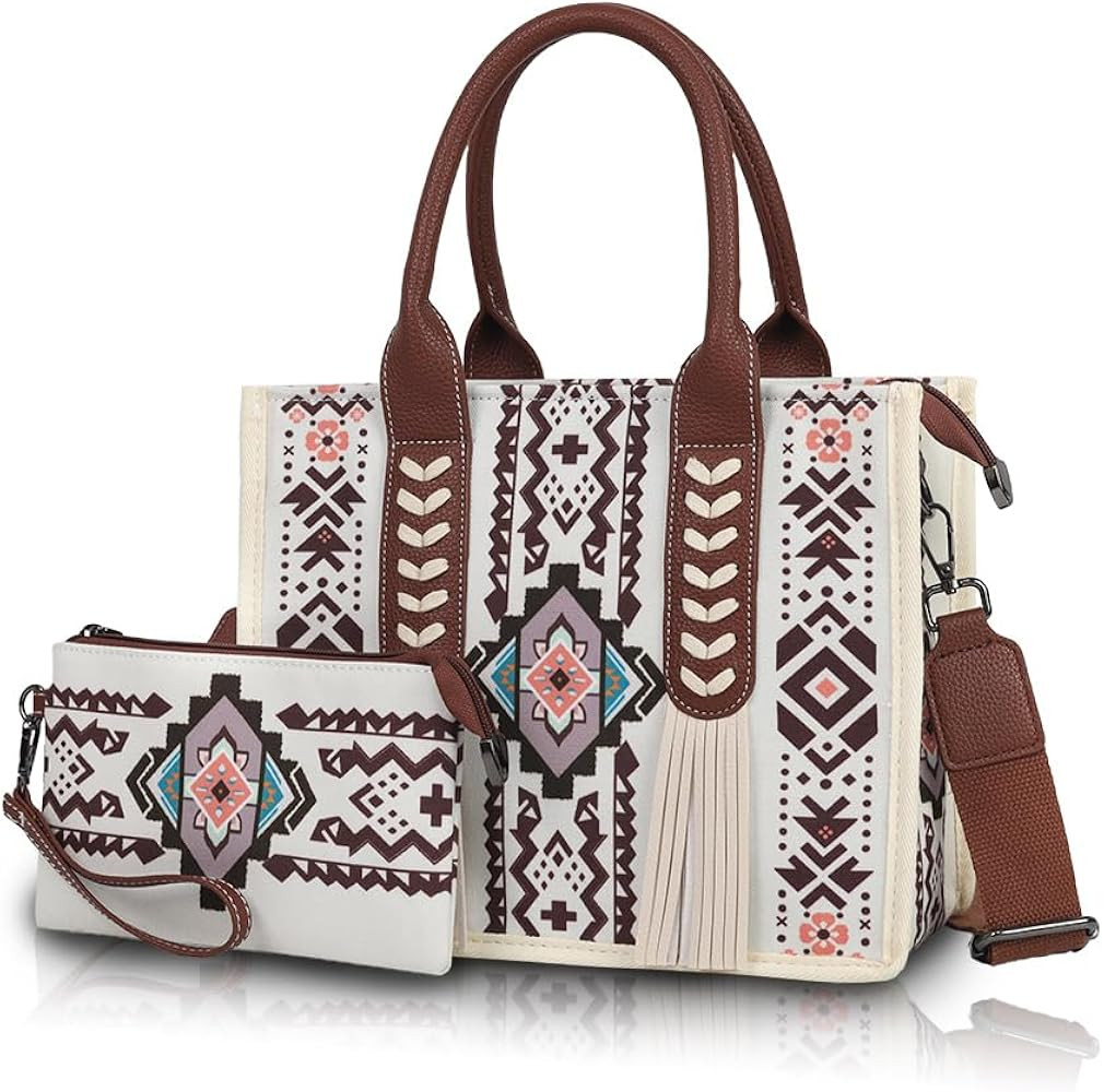 2pcs Boho Tote Bag Set Large Capacity Tassel Handbag & Crossbody Purse for Women, Retro Ethnic Sh... | Amazon (US)