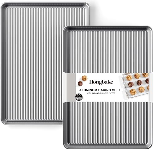 HONGBAKE Aluminum Cookie Sheets for Baking, 2-Pack Commercial Quality Half Sheet Pan, Baking Sheets Non Stick with 50 PCS Parchment Paper, 12.8 x 17.7 in, Silver | Amazon (US)