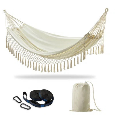 Two-Person Boho Macrame Hammock With Tree Straps & Elegant Tassels,2 Person Hammock For Backyard Patio Outdoor And Indoor,450Lbs Weight Capacity | Wayfair North America