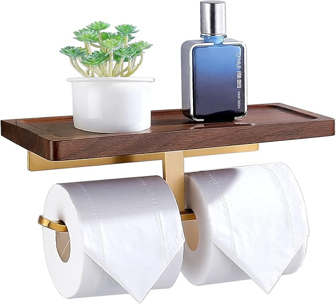Toilet Paper Holder with Shelf, Amoowis Wall Mount Double Roll Gold Holders with Solid Wood Shelf... | Amazon (US)