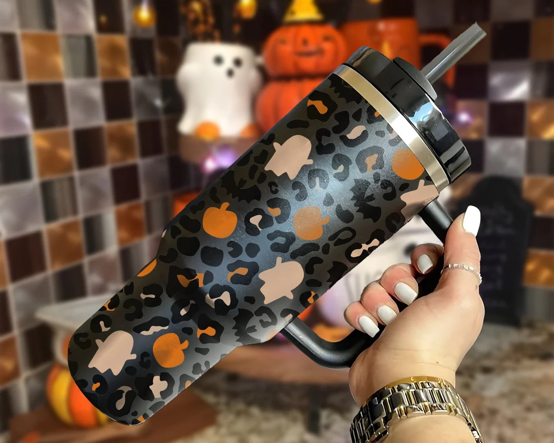 Cute Halloween Ghost With Pumkins Tumbler, Leopard and Tombstones 40oz Tumbler with Handle and St... | Etsy (US)