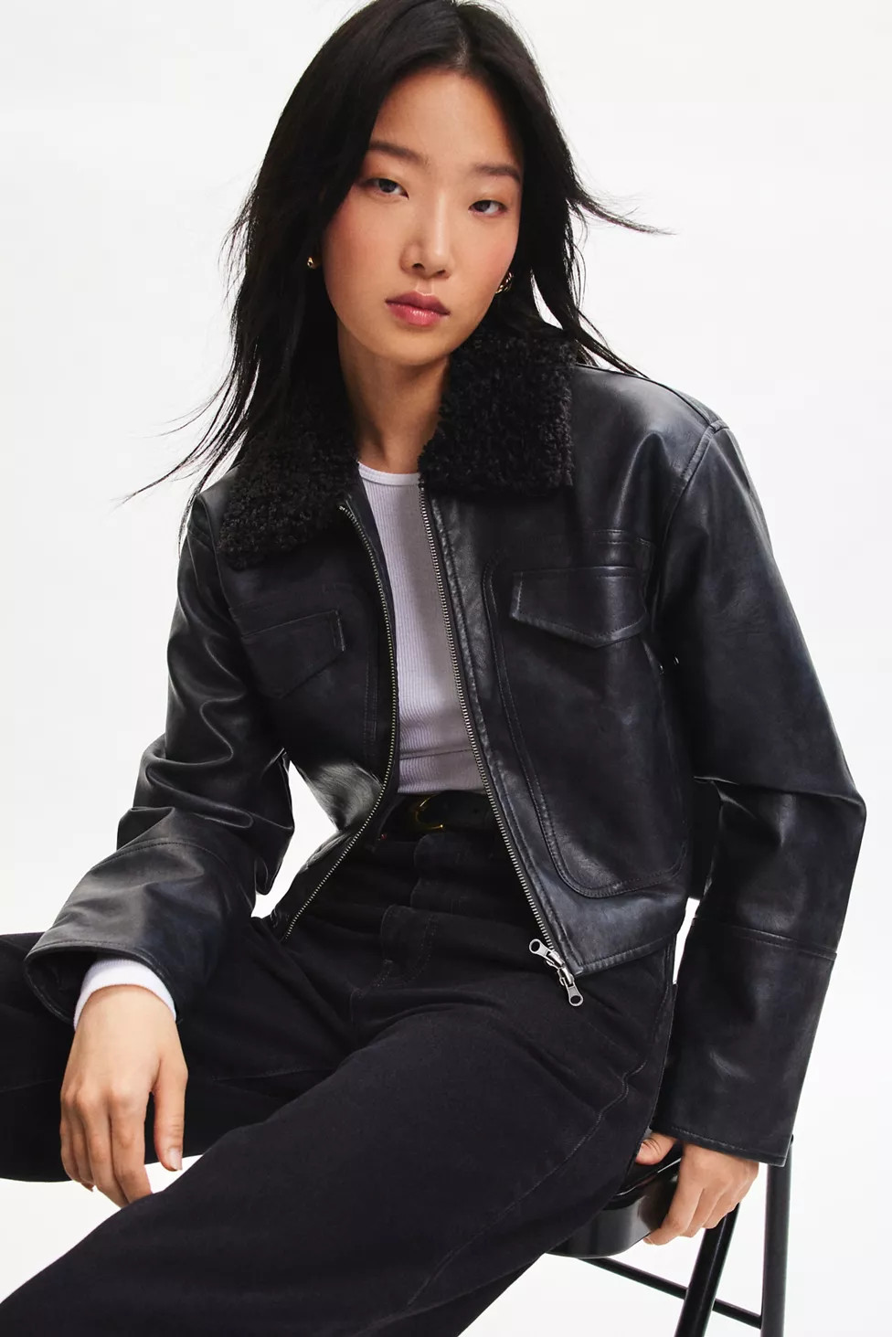 BDG Janine Faux Leather Cropped Aviator Jacket | Urban Outfitters (US and RoW)