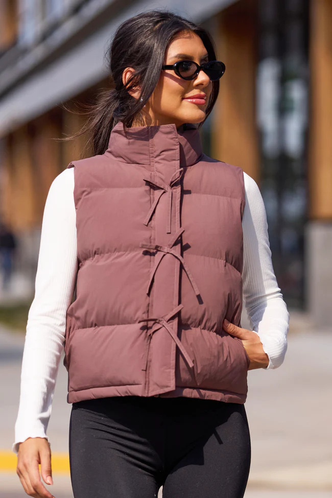 Liberty Brown Bow Puffer Vest | Pink Lily