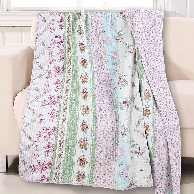 Cozy Line Home Fashions Floral Striped Floral Print Pattern Reversible 100% Cotton Quilted Throw ... | Amazon (US)