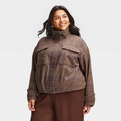 Women's Plaid Funnel Neck Field Jacket - A New Day™ Brown 3X | Target