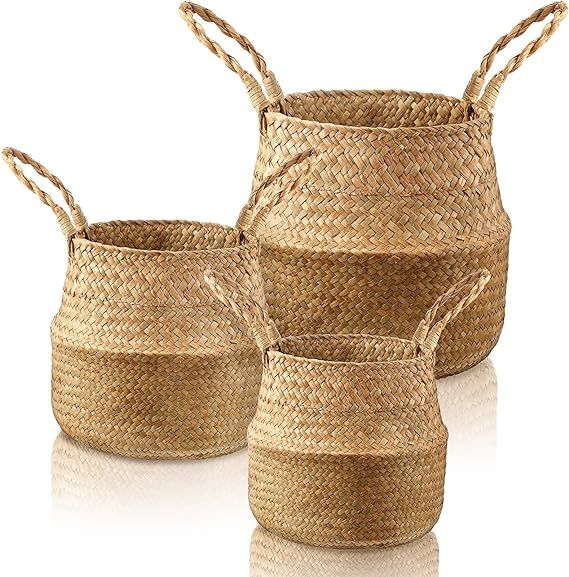 Set of 3 Pieces Woven Seagrass Belly Basket, Hand Woven Belly Basket for Storage Plant Pot Basket... | Amazon (US)