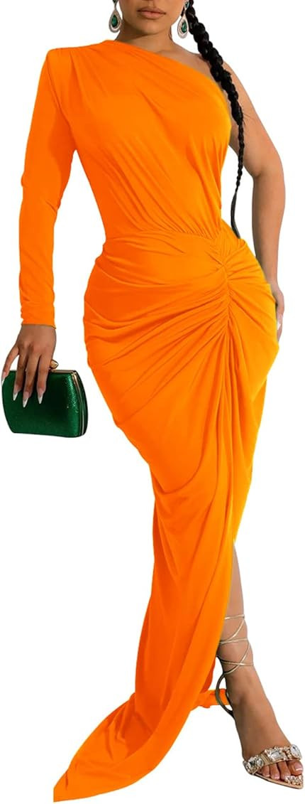 Ophestin Womens One Shoulder Long Sleeve Bodycon Maxi Dress Ruched Side Split Formal Cocktail Evenin | Amazon (US)