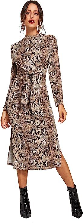 Floerns Women's Snakeskin Print Long Sleeve Tie Waist Midi Dress | Amazon (US)