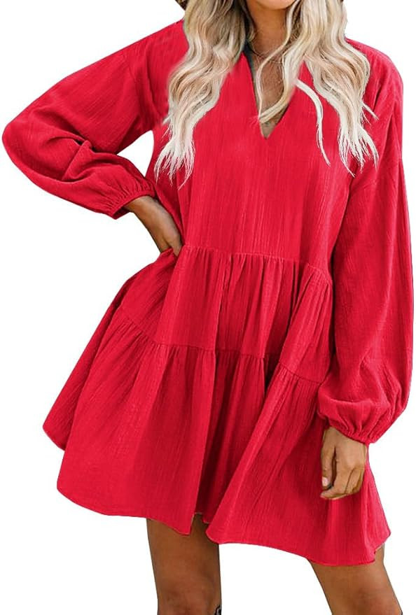 FANCYINN Cute Shift Tunic Dress for Women Ruffle Swing Babydoll Mini Long Sleeve Dress with Pocke... | Amazon (US)