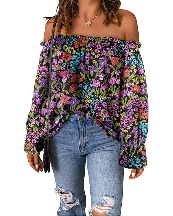 Women's Off Shoulder Top Ruffle Long Sleeve Chiffon Blouse Casual Loose Shirts | Amazon (US)