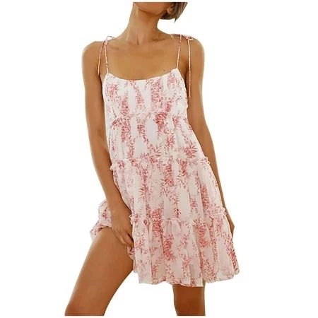 VSSSJ Women s Spaghetti Straps Mini Tiered Ruffle Edge Flowy Dress Sleeveless Boho Floral Printed Sw | Walmart (US)