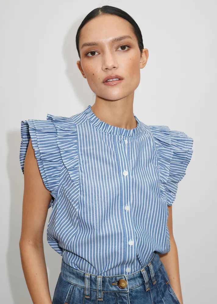 Cotton Striped Frill Sleeve Top | ME + EM