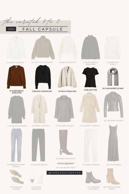 TC9T5 Fall Capsule | Row 2

Fall capsule, capsule wardrobe, autumn capsule, fall clothes, fall staples, crewneck sweater, polo sweater, collared sweater, cardigan, black tee, travel scurf, cashmere scarf

#LTKSeasonal #LTKstyletip