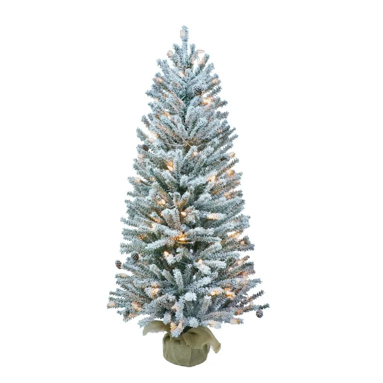 Pre-Lit 3' Flocked Fir Artificial Christmas Tree with Pines Cones and 50 Lights, Green | Walmart (US)