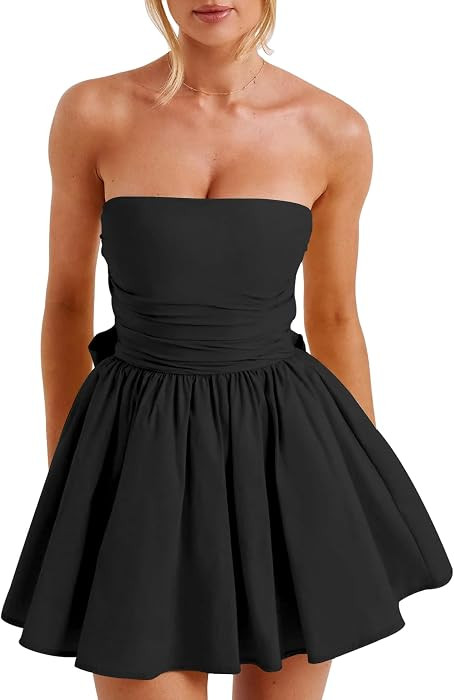 LuFeng Women's Strapless Mini Dress Ruched Sleeveless Off Shoulder A-Line Pleated Short Dress wit... | Amazon (US)