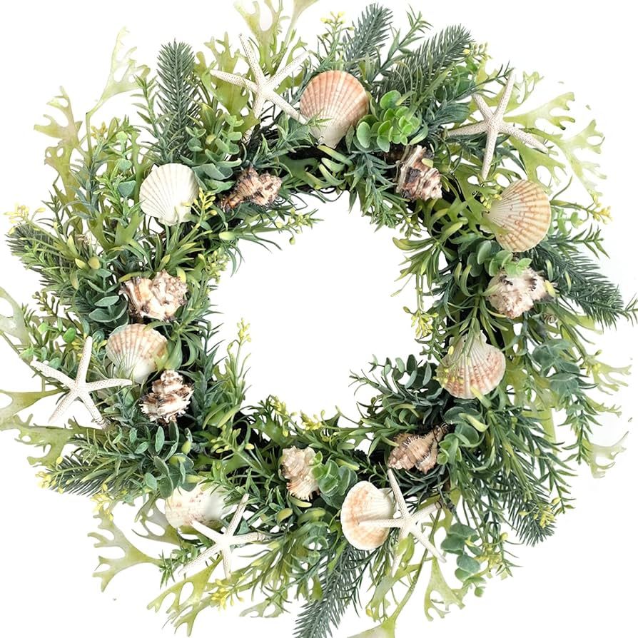 Idyllic 18 Inch Seashell Wreath with Green Leaves for Front Door and Wedding, Rustic Farmhouse Co... | Amazon (US)