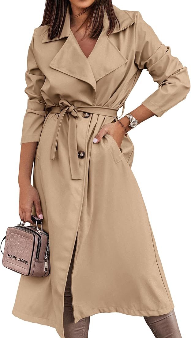KIRUNDO Women's Trench Coat Long Double-Breasted Fall Fashion 2023 Classic Lapel Slim Overcoat Ou... | Amazon (US)