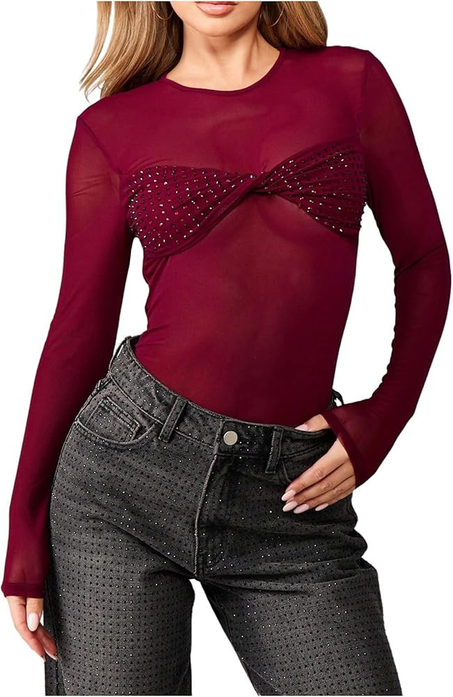 Milumia Women's Twisted Mesh Long Sleeve Bodysuit Rhinestone Sheer Party Club Leotard Shirt Tops | Amazon (US)