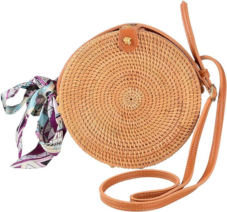 Round Rattan Bags Woman Handwoven Straw Purse Bag Crossbody Shoulder Leather Straps Natural Chic | Amazon (US)