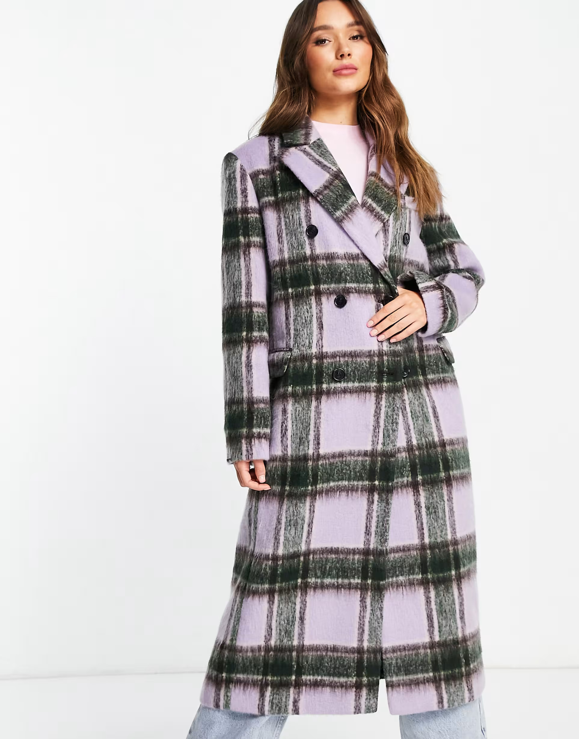 Topshop check double breasted long coat in lilac | ASOS (Global)