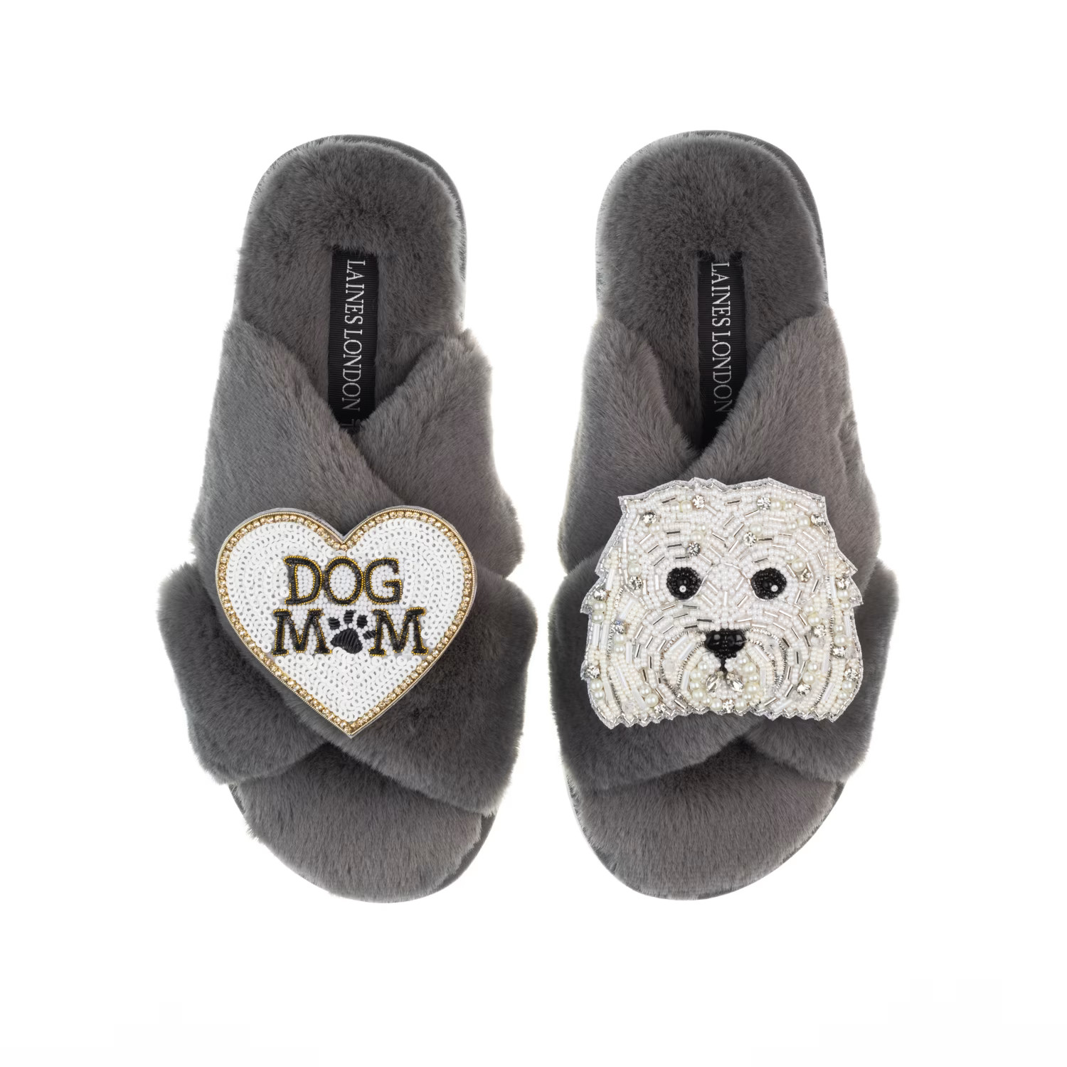 Classic Laines Slippers With Queenie & Dog Mum / Mom Brooches - Grey | Wolf & Badger