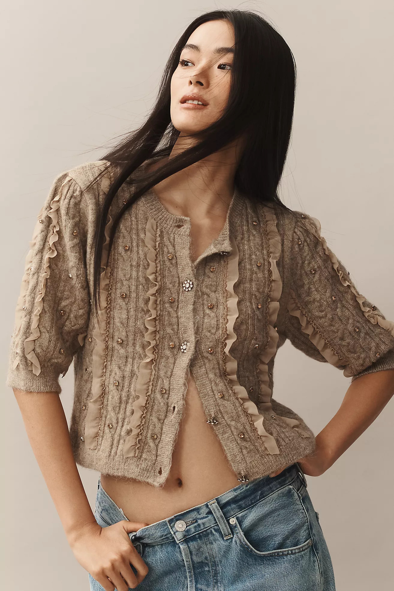 Maeve Short-Sleeve Embellished Ruffled Cardigan Sweater | Anthropologie (US)
