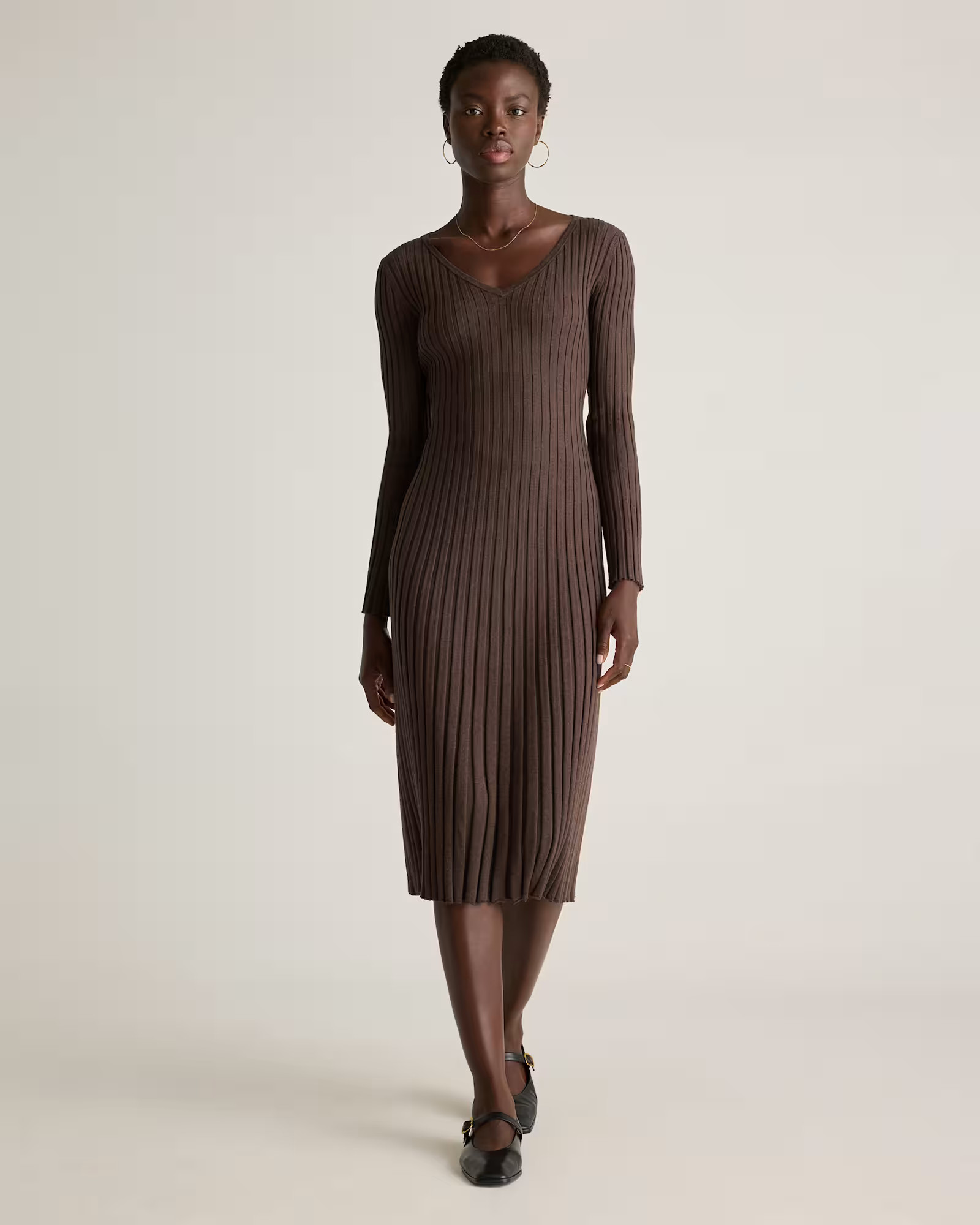 Cotton Cashmere Ribbed Long Sleeve V-Neck Midi Dress | Quince