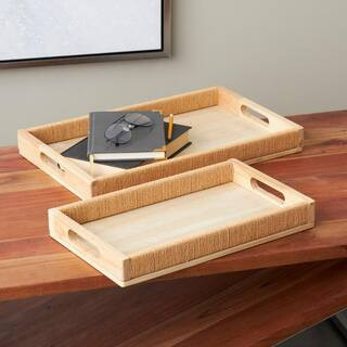 Litton Lane Light Brown Handmade Wood Decorative Tray with Wrapped Rope Edges and Slit Handles Se... | The Home Depot