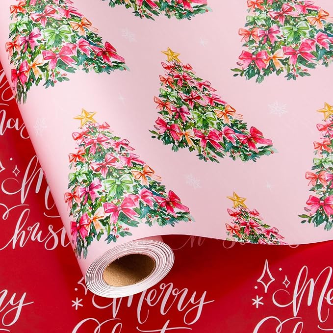 Homeral Pink Christmas Wrapping Paper Roll - Green Trees with Bows & Red Merry Letters Reversible... | Amazon (US)
