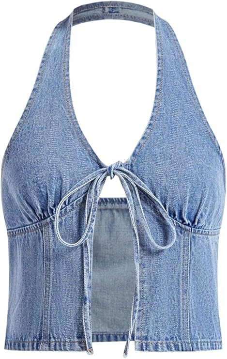 Women's Y2K Denim Halter Tops Sleeveless Bowknot Split Hem Tank Top Going Out Clothes | Amazon (US)