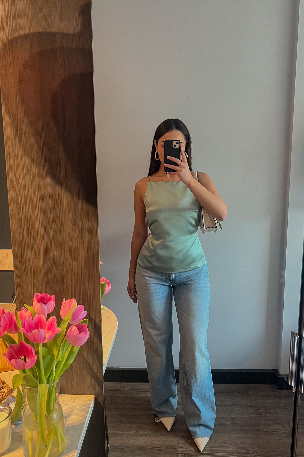 Satin top and wide leg jeans summer outfit inspiration 💙

Mango, Coach Tabby shoulder bag, Mejuri Bold Pearl hoops, statement earrings, white pointed toe heels, drinks with the girls outfit. 

#LTKSeasonal #LTKeurope #LTKstyletip