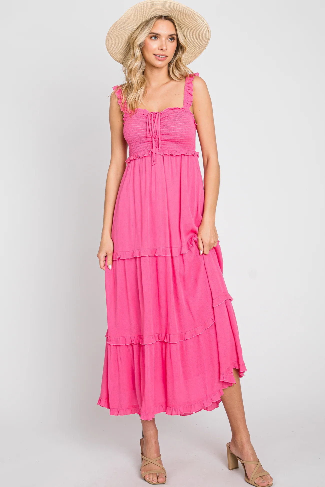 Pink Ruffle Accent Maternity Midi Dress | PinkBlush Maternity