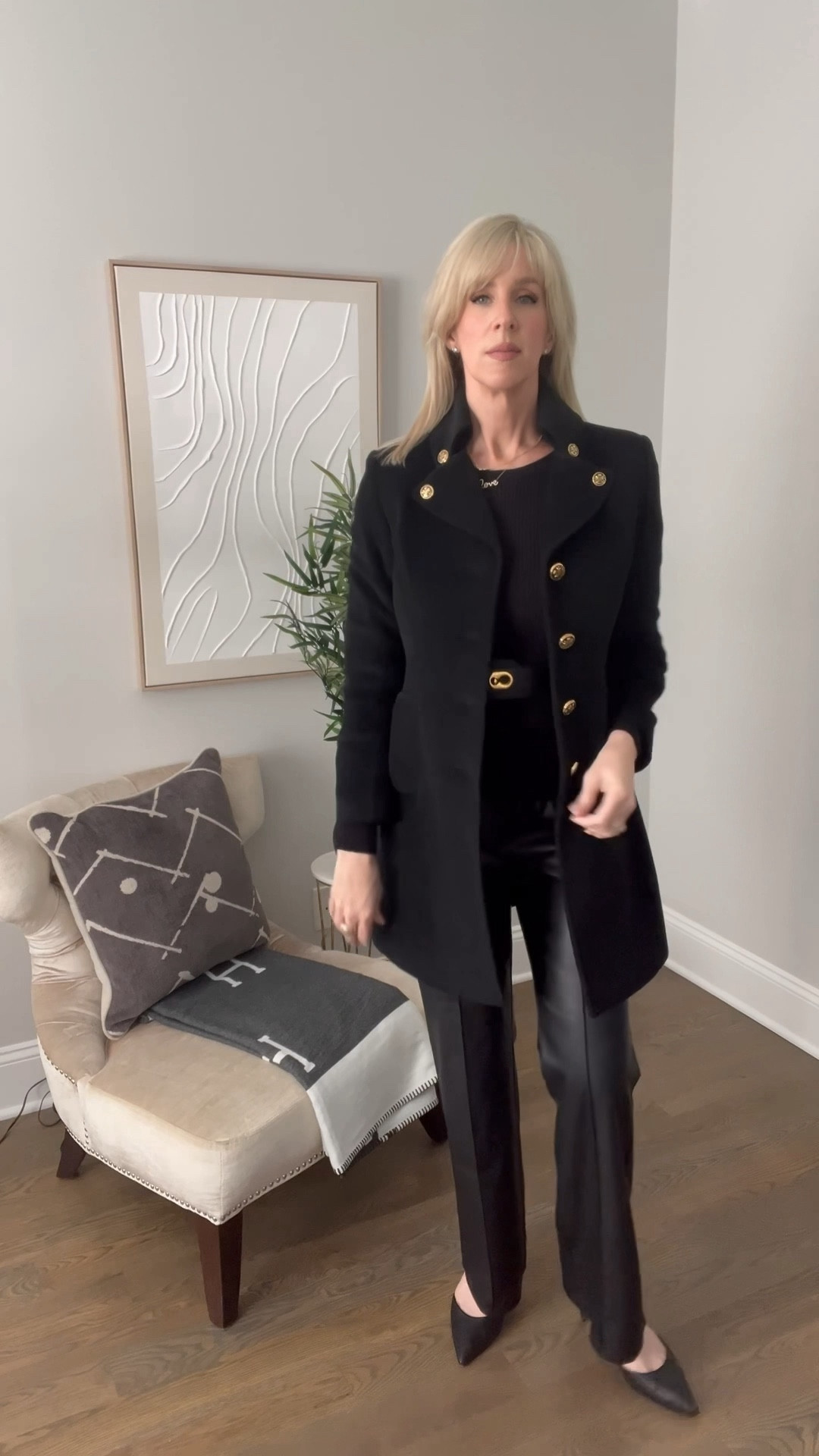 I needed an outfit that would take me from meetings to dinner and this look does that.  

I paired a faux leather trouser pant with a ribbed black sweater with balloon sleeve, cinching the waist with an extra wide belt to give some dimension.  

I added some heels (my favorite pair that is comfy) with my St. John coat.  This coat is several years old so I’ve tagged their current version plus provided some additional options that are more affordable.   

Happy New Year!

#LTKstyletip #LTKover40 #LTKsalealert