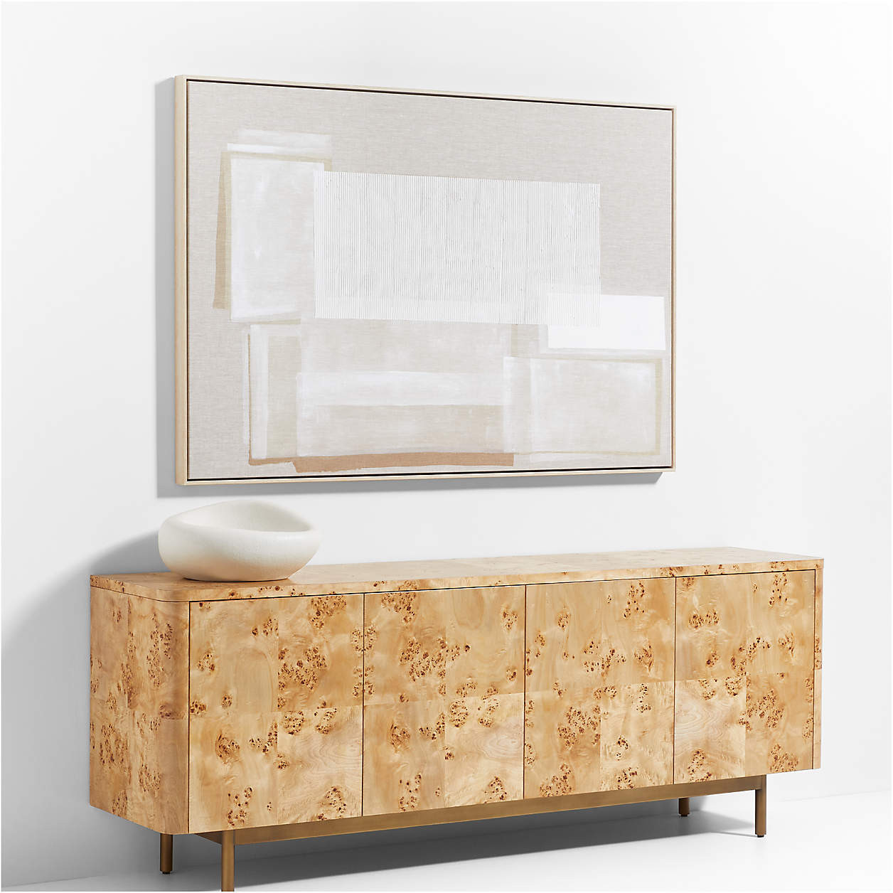 Mota 80" Natural Burl Wood Storage Media Console + Reviews | Crate & Barrel | Crate & Barrel