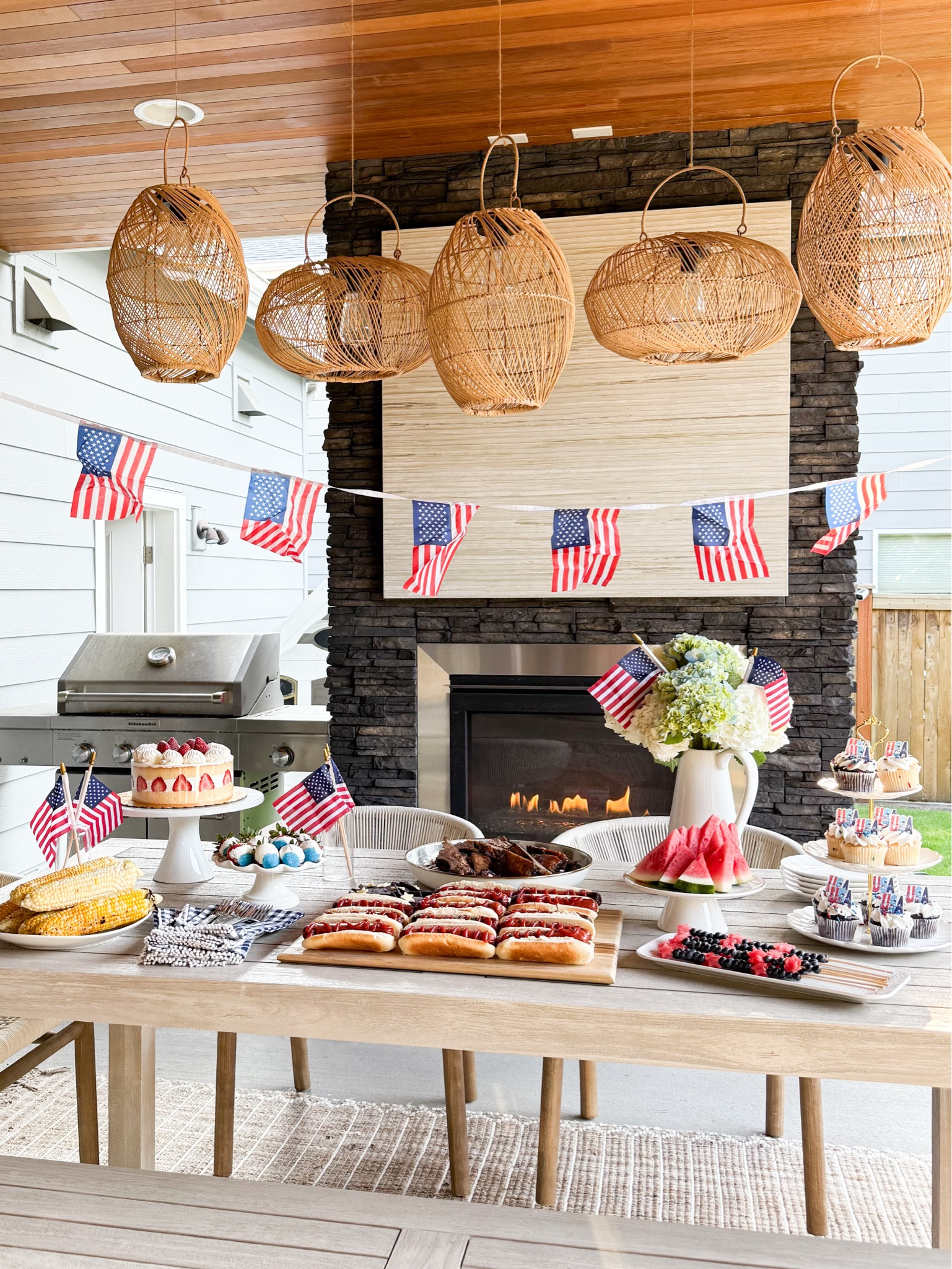 JULY 4TH PARTY SPREAD! 🤩🇺🇸

Bowls, twinkles sprinkles, colored sugar, July Patriotic Red White and Blue Edible Sprinkles, candy melts, Ceramic cake stand, star cookie cutter, serving bowl, Heinz tomato ketchup, blue corn tortilla chips, cutting board, American flags on stick and banner, outdoor dining table and chairs, outdoor rug, lantern 

#LTKHome #LTKSeasonal #LTKParties