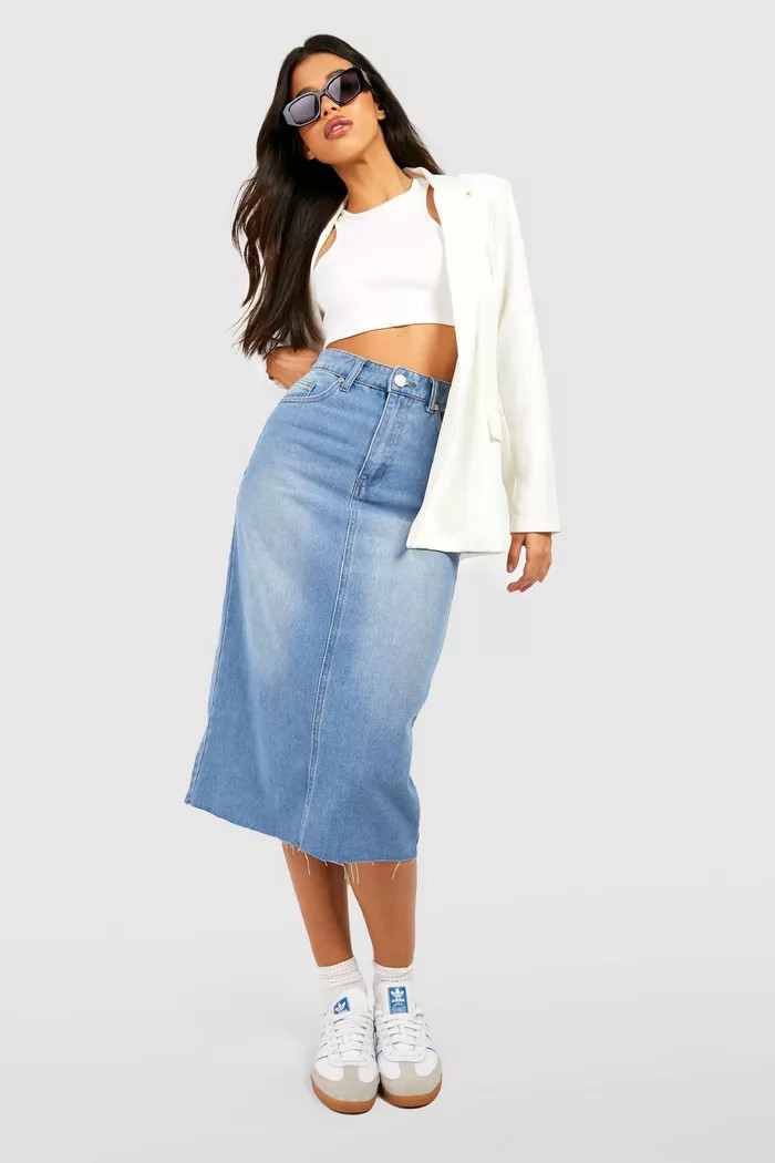 Tall High Waist Midi Denim Skirt | Boohoo.com (US & CA)