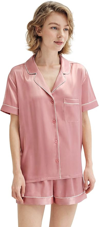 SIORO Women Pajamas Sets Satin Short Sleeve Silk Pajamas for Women, Button Down Sleepwear Soft Pj... | Amazon (US)