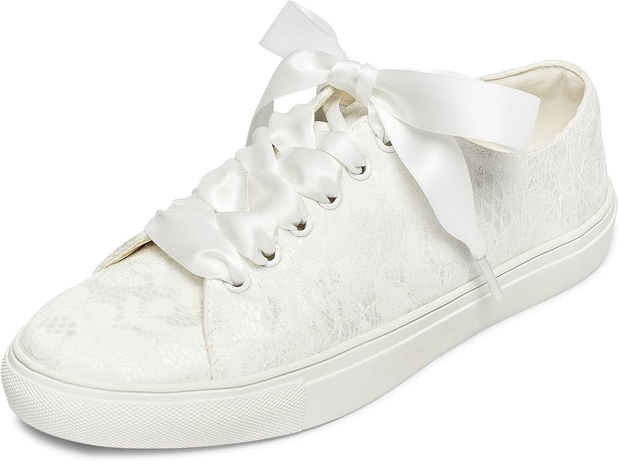 JIAJIA 8831Y Wedding Shoes Bridal Sneakers Flats Bride Tennis Shoes Lace Sneakers | Amazon (US)