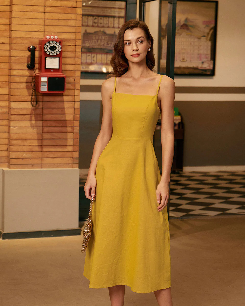 Yellow Square Neck Shirred Slip Midi Dress & Reviews - Yellow - Dresses | RIHOAS | rihoas.com