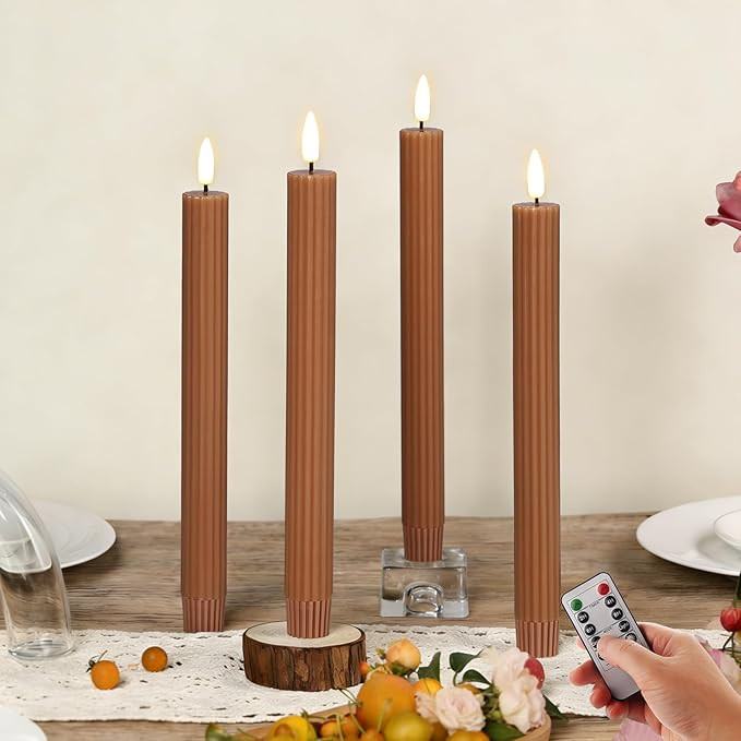 Brown Ribbed Fluted Flameless Taper Candles with Remote, Flickering Battery LED Wax Candlesticks ... | Amazon (US)