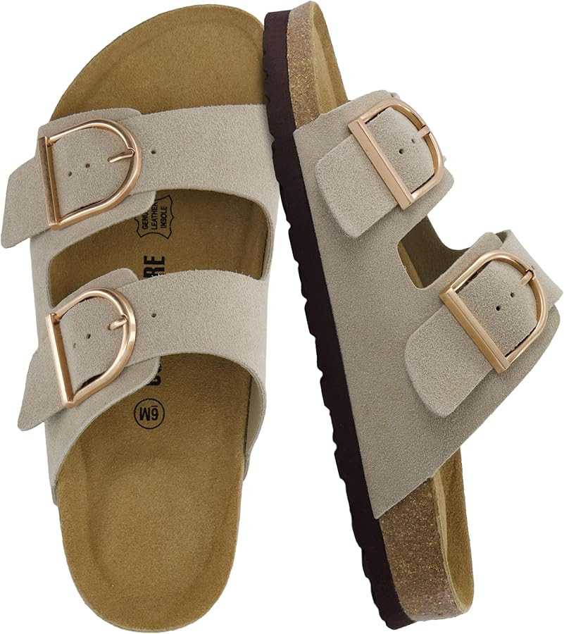CUSHIONAIRE Legacy Cork Footbed Sandals for Women – Leather Double Strap Slides with Adjustable... | Amazon (US)