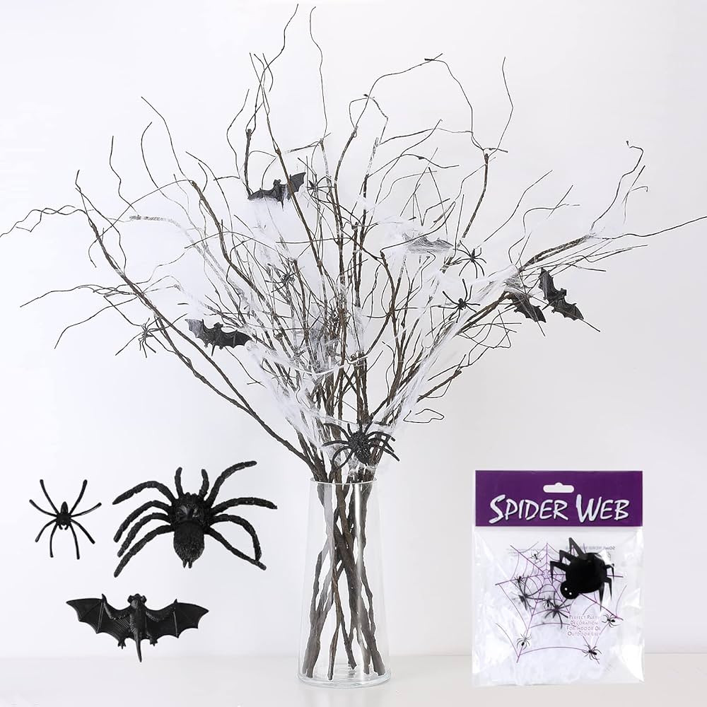FLOERVE Artificial Curly Willow Branches 12PCs with Halloween Spiders 15PCs-Bats 10PCs-Spider Web... | Amazon (US)
