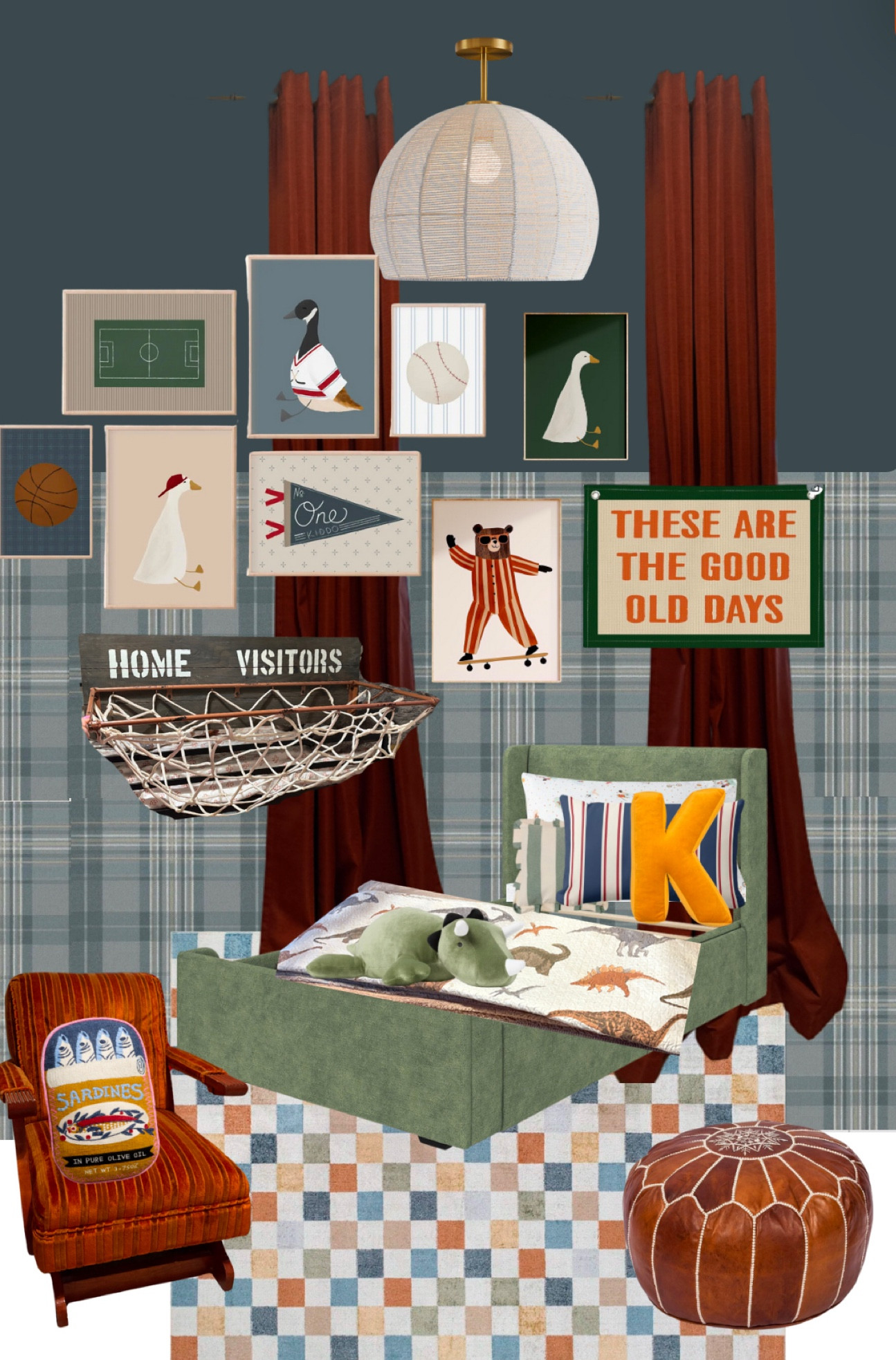 Our 4 year old’s big boy room mood board. The curtains are the color Teracotta. The Dino quilt is thrifted. The orange mini rocker is vintage thrifted. The basketball basket is thrifted. The wallpaper is the color light blue. The paint color is mount etna from sherwin Williams // Moody ceiling accent ceiling blue plaid wall paper // fun boys room // eclectic boys room // idahomerealestate Idahome and co properties pocatello Idaho boy room inspo 

#LTKHome #LTKFindsUnder50 #LTKSeasonal