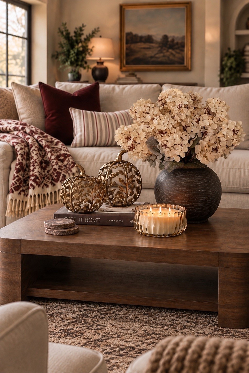 Affordable fall home decor from Walmart, Target + Amazon 🍁 These cozy fall living room finds are perfect for an easy seasonal refresh. I mixed burgundy throw pillows, neutral pillows, a patterned fall blanket, brass pumpkins, faux hydrangeas and warm wood tones for a modern organic fall look.

#LTKSaleAlert #LTKSeasonal #LTKootd