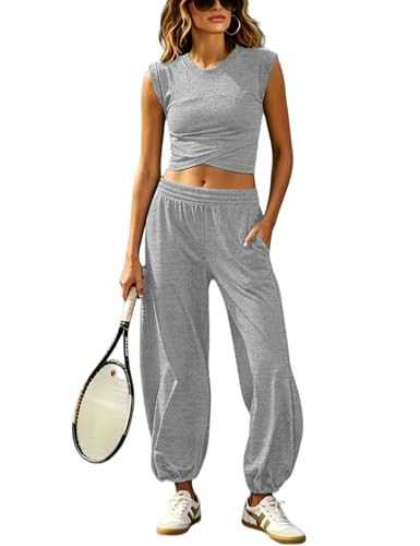 Seetaa Womens 2 Piece Sweatsuits Sets Casual Workout Cropped Tee Top High Rise Sweatpants Athletic Tracksuits(LightGrey-XS) | Amazon (US)