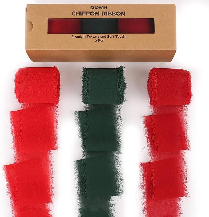 SHOWIN 3 Rolls Christmas Handmade Fringe Chiffon Ribbon 1.5 Inch x 7 Yard Silk-Like Ribbon Colorf... | Amazon (US)