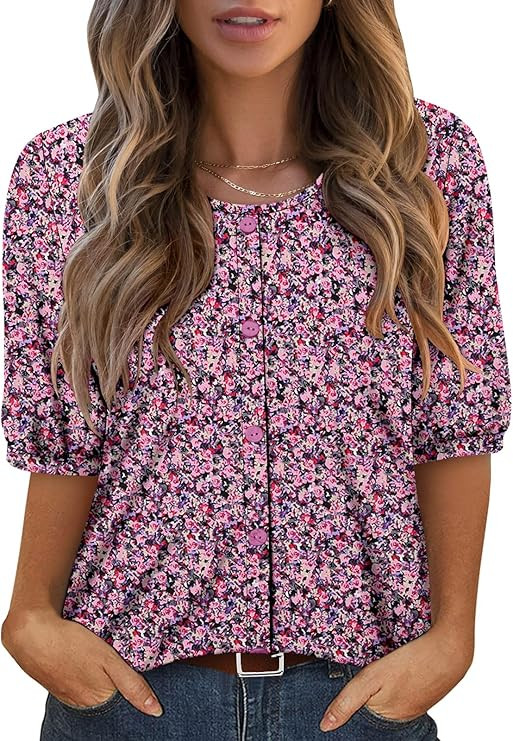 ONLYSHE Womens Shirts Cute Summer Lightweight Tops Short Sleeve Casual Swing Blouse | Amazon (US)